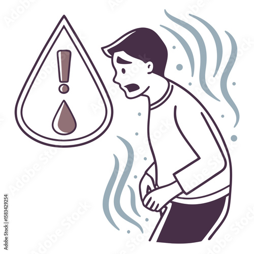 Man experiencing discomfort, sweating profusely, diarrhea problem, medical illustration