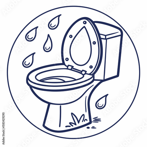 Leaky toilet illustration, plumbing problem, home repair, line art style