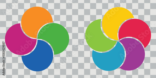 This vector illustration features two colorful abstract logos that resemble flowers, composed of overlapping circles. Each petal segment is filled with bright colors.