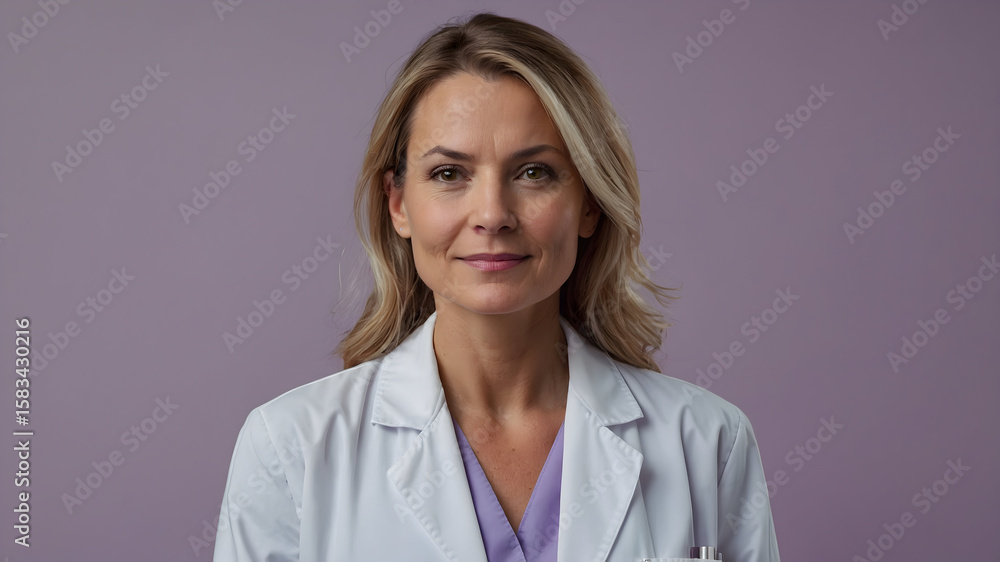 A blonde female doctor in a white coat poses for a portrait, conveying professionalism and expertise in healthcare. The background A blonde female doctor in a white coat poses for a portrait, conveying professionalism and expertise in healthcare. The background