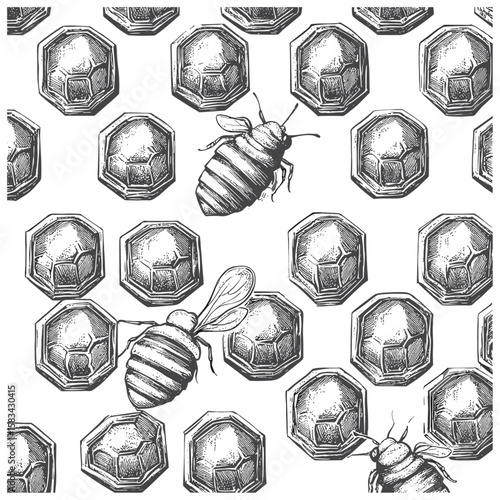Engraved honeycomb texture, vintage insect pattern, hand-drawn beehive sketch, retro geometry detail, antique nature surface, organic floral engraving, vector illustration.