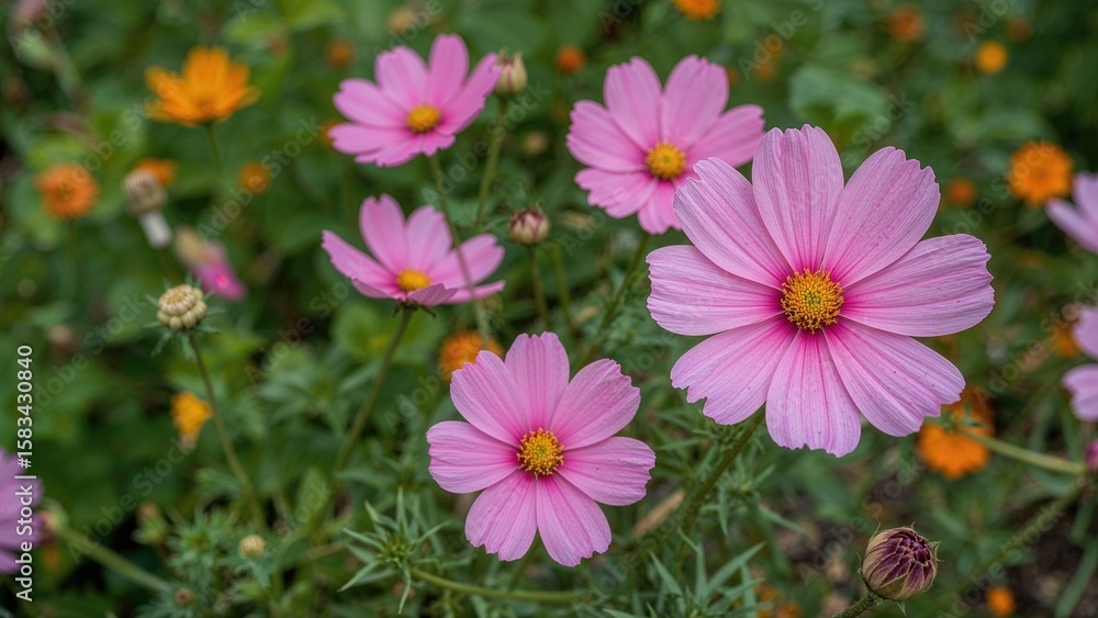 Pink cosmos flowers blooming in a garden with delicate petals surrounded by greenery and orange flowers under natural light. Pink cosmos flowers blooming in a garden with delicate petals surrounded by greenery and orange flowers under natural light.