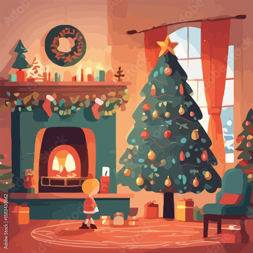 A cozy Christmas scene featuring a child gazing at a fireplace, a decorated Christmas tree with gifts, and festive decorations in a warm, inviting room.