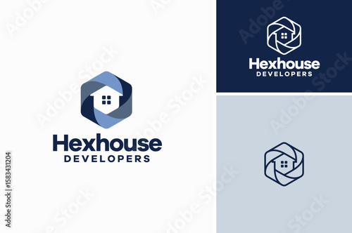Folded Ribbon in Hexagon Shape with a House in the middle for Home Property Developers logo design
