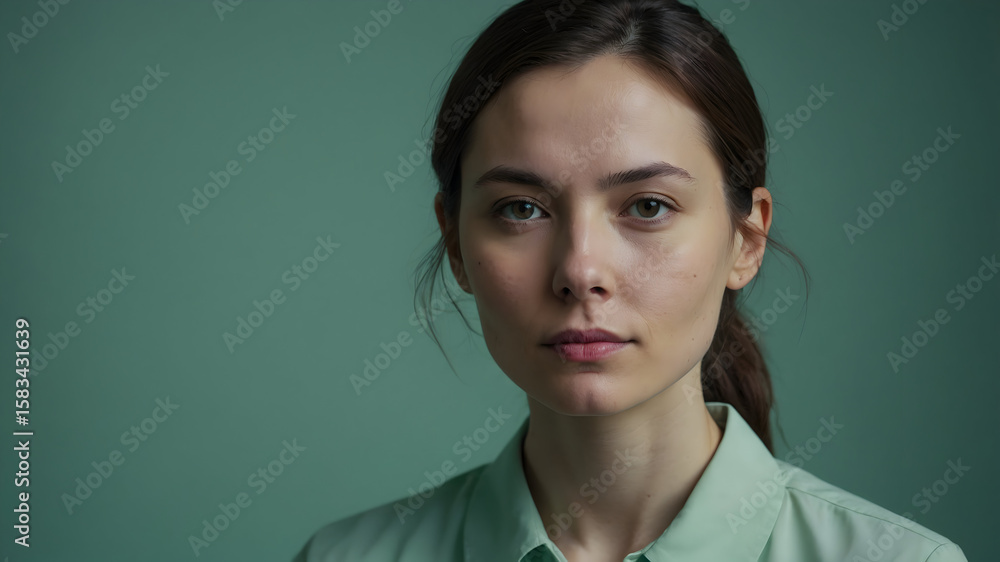 A young woman with a serious expression poses naturally in a studio setting, looking directly at the camera with a calm and authen A young woman with a serious expression poses naturally in a studio setting, looking directly at the camera with a calm and authen