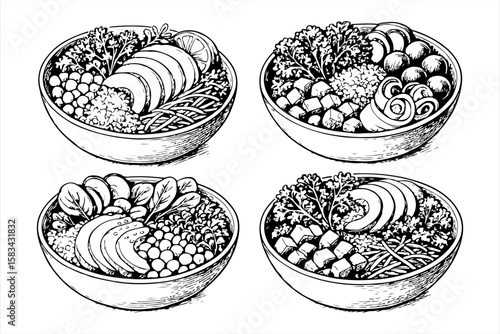 Four hand-drawn illustrations of healthy bowls, showcasing various ingredients and textures.