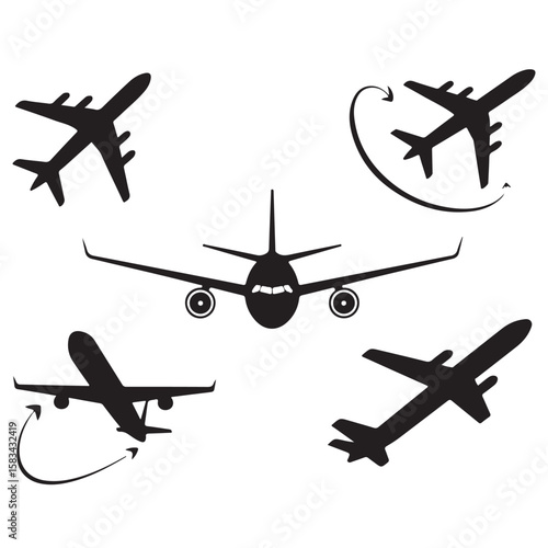 A comprehensive set of airplane, jet, and aircraft icons and silhouettes showcasing air travel, flight, and aviation for business and transport