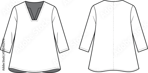 V-neck tunic top flat sketch with 3/4 sleeves, front and back CAD drawing vector fashion illustration for garment design