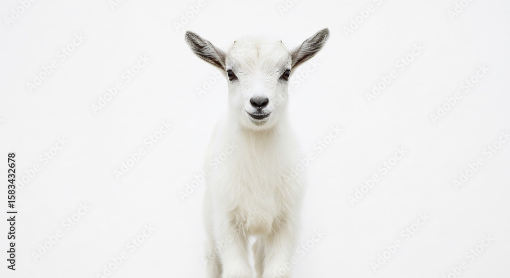 Obraz premium Chevreau blanc adorable regarde fixement lumiere douce fond blanc. AI Generated