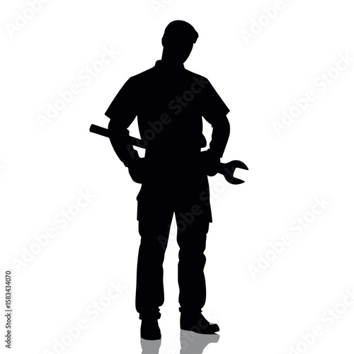 Mechanic silhouette standing confidently holding wrench on white background