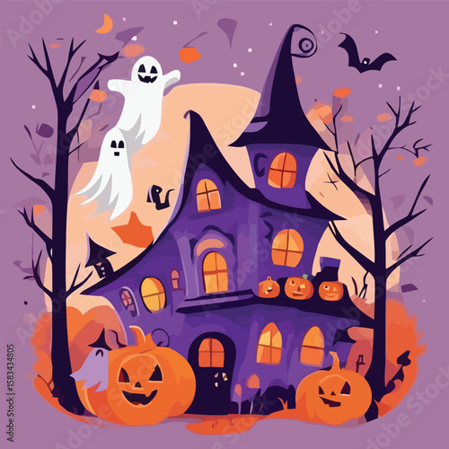 A whimsical illustration of a haunted house with floating ghosts, pumpkins, and a bat silhouetted against a purple night sky.