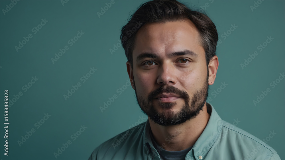 A medium close-up shot features a man with light skin, dark brown hair neatly styled with a slight wave, and a well-groomed dark brown beard. He has a neutral expression, looking directly A medium close-up shot features a man with light skin, dark brown hair neatly styled with a slight wave, and a well-groomed dark brown beard. He has a neutral expression, looking directly