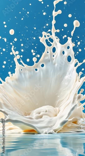 Milk splash rising upward from liquid surface against vibrant blue background