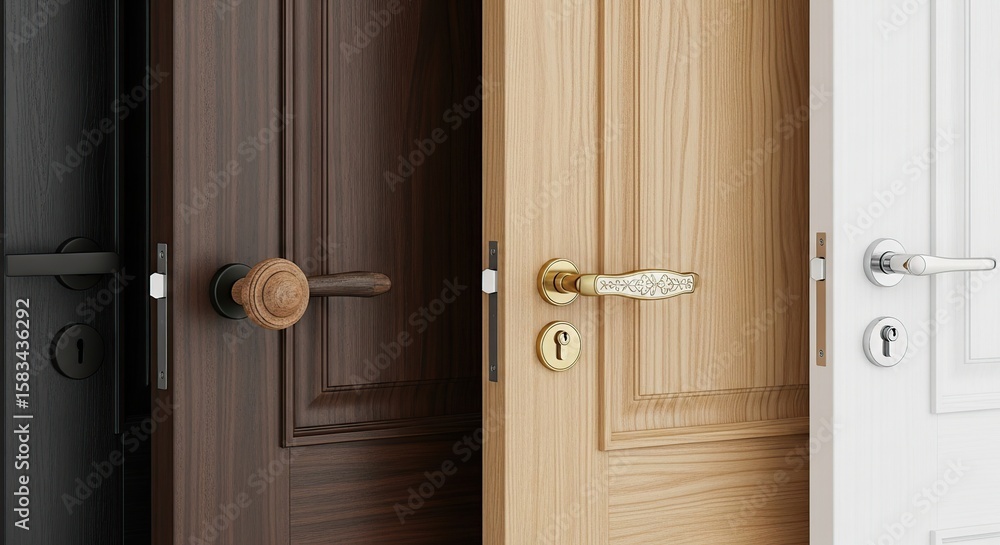 Fototapeta premium Set of Four Wooden Doors with Different Stylish Handles in Neutral Tones