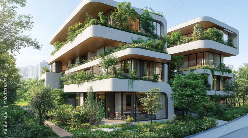 Obraz premium Eco-friendly building in the modern city. Sustainable glass office building with trees for reducing heat and carbon dioxide. Office building with green environment