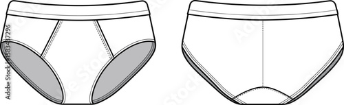 Men's briefs flat sketch, front and back view, fashion underwear template, garment design, clothing illustration, apparel mockup, vector layout