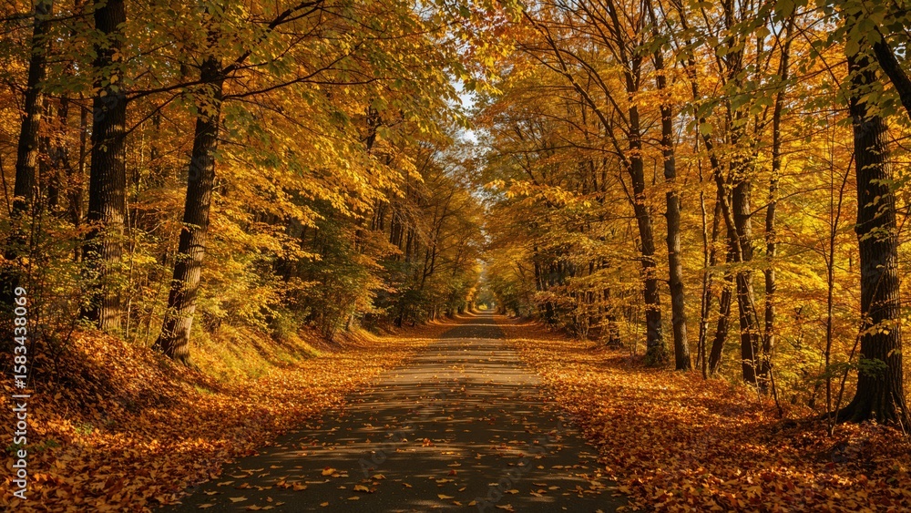 Obraz premium Leaf-covered trail surrounded by glowing autumn colors.
