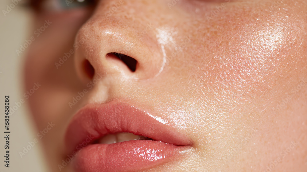 Fototapeta premium Close up of soft skin shows radiant glow, texture looks healthy and hydrated under studio lights, with soft and subtle beauty shining through