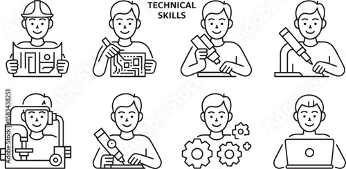 Architectural Blueprint Reading Skill Icon Vector Illustration of a Construction Worker Examining Building Plans with Precision