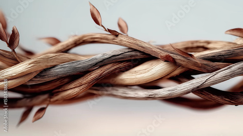 Close-up of intertwined brown and gray braided vines, symbolizing unity in Jesus' time, set against a white background with space for text or graphics. 