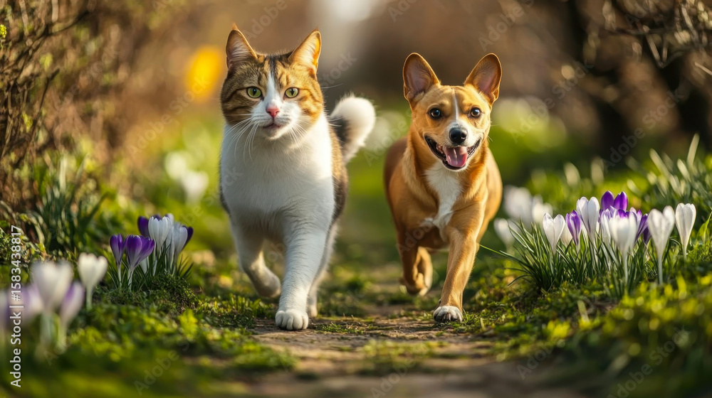 Obraz premium fluffy friends cat and corgi dog walk along the green grass