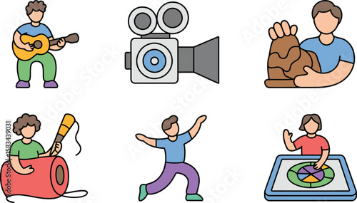 Creative Arts and Hobbies Icons Set Featuring Diverse Artistic Activities for Creative Expression and Skill Development