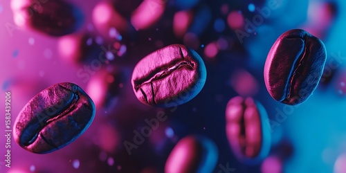 Suspended Coffee Beans in Air with Cracked Surfaces and Vibrant Pink Blue Background for Gourmet Café Branding and Ads