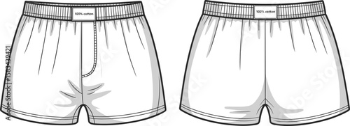Men's cotton boxer shorts, front and back view, fashion flat sketch, underwear template, breathable fabric, casual wear design, mockup illustration