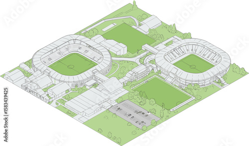 Isometric football stadium complex, twin soccer fields, training grounds, sports facility design, 3D architecture plan, green area layout.