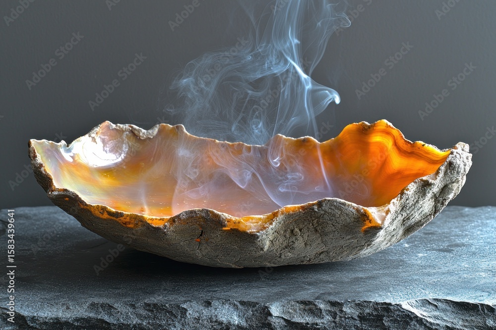 Fototapeta premium A sculpted, earthy bowl, filled with wisps of smoke