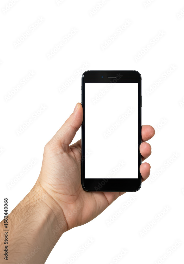 Adult caucasian male hand, late 20s-early 40s, holding a modern sleek black smartphone vertically with blank white screen, isolated on a transparent studio background, shadowless commercial tech Adult caucasian male hand, late 20s-early 40s, holding a modern sleek black smartphone vertically with blank white screen, isolated on a transparent studio background, shadowless commercial tech
