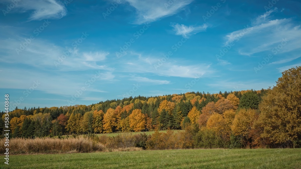 Fototapeta premium Scenic autumn panorama of a forest clearing
