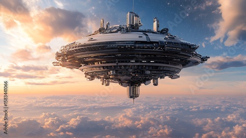 Futuristic City Floating Above Sunset Clouds