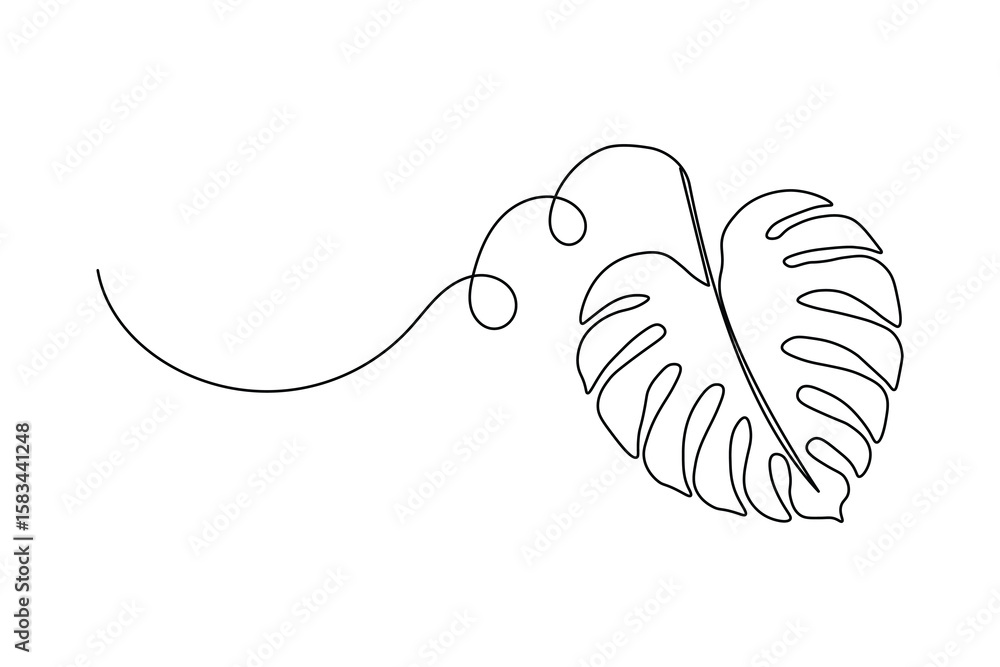 Fototapeta premium Monstera leaf one line drawing in minimalist style with isolated outline on white background