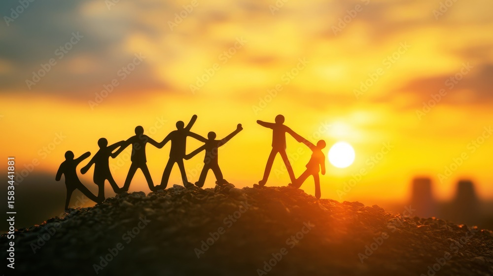 Obraz premium Silhouette of Miniature Figures Celebrating Unity at Sunset with Warm Colors in a Beautiful Landscape Setting