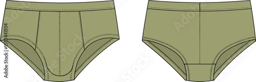 Green men's briefs front and back view, soft stretch fabric, seamless design, intimate wear illustration, fashion apparel mockup, stylish underwear