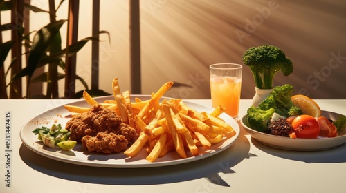 Fried chicken, fries, salad, and a refreshing drink.