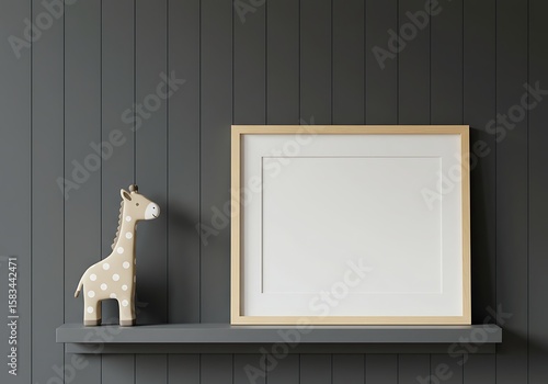 Wooden framed picture sits on shelf with cute giraffe figurine against dark wall.