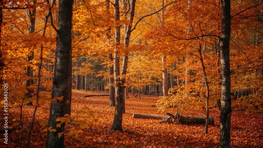 Fototapeta premium Deep forest scene showcasing bright autumn leaves with a soft blur
