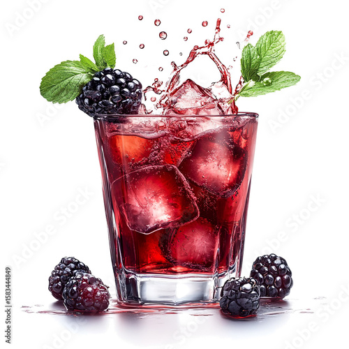 Blackcurrant Vodka Fizz vodka drink splash in a glass, studio shot, isolated on a white transparent background.