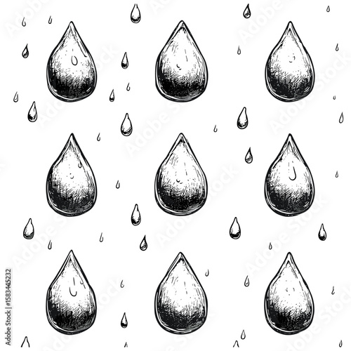 Engraved raindrop texture, vintage rainy effect, antique sketch lines, hand-drawn water droplet pattern, retro weather surface, etching detail, vector illustration, nature background, weather concept.