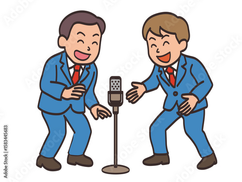 楽しそうに漫才をしている男性お笑いコンビのイラスト素材