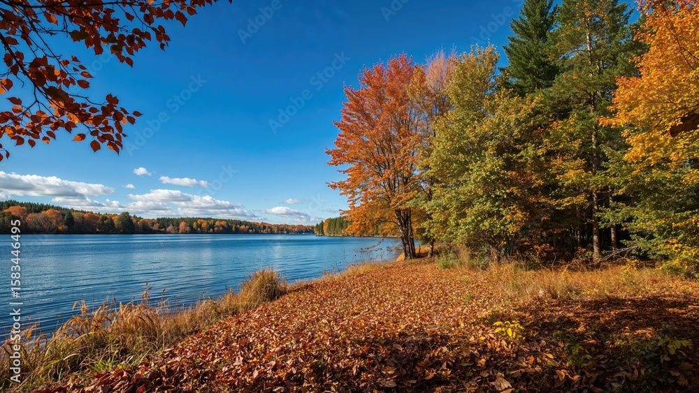 A peaceful lake bordered by trees displaying autumn foliage on a sunny day A peaceful lake bordered by trees displaying autumn foliage on a sunny day