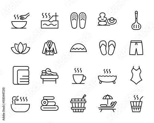 Spa & Wellness Vector Icon Set - Sauna, Massage, Hot Tub, Aromatherapy, Steam, Towel, Robe, Relaxation, Flip Flops, Beauty, Zen, Bath - Adjustable Line Weight