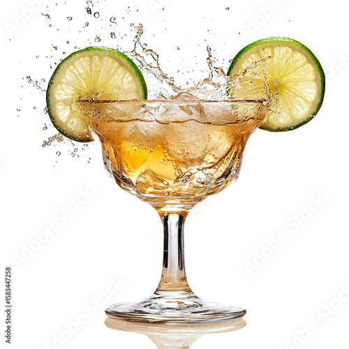 Spicy Vodka Margarita vodka drink splash in a glass, studio shot, isolated on a white transparent background.