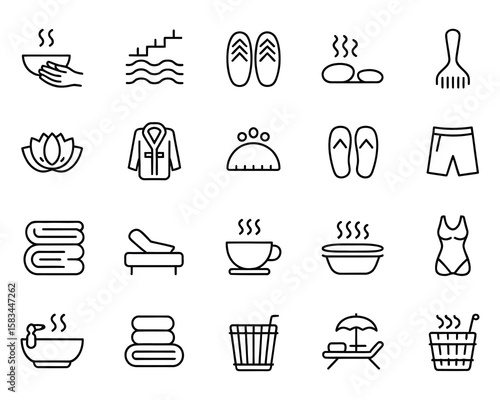 Spa Vector Icon Set – Wellness, Sauna, Massage, Aromatherapy, Hot Tub, Steam, Robe, Towel, Flip Flops, Zen, Beauty, Relaxation Icons in Adjustable Line Weight Style