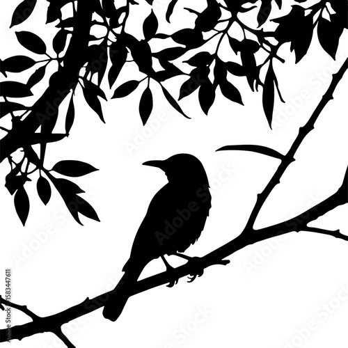 A serene black silhouette of a bird perched peacefully on a tree branch, with leafy foliage above, perfectly capturing a moment of tranquility in nature for elegant and contemplative designs.