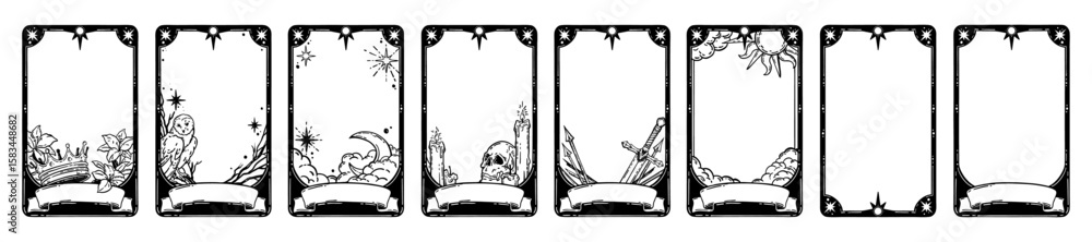 Naklejka premium Tarot card frame set, vector hand drawn doodle fantasy border, spiritual mystic game illustration. Medieval divination ornamental graphic astrology witchcraft background. Tarot frame with sword, skull