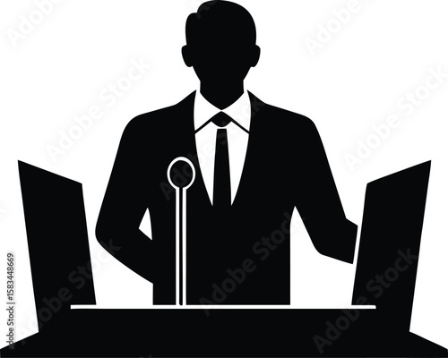 expert presenter, businessman giving speech silhouette vector illustration