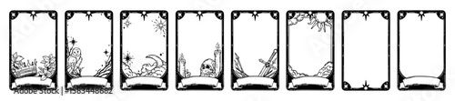 Tarot card frame set, vector hand drawn doodle fantasy border, spiritual mystic game illustration. Medieval divination ornamental graphic astrology witchcraft background. Tarot frame with sword, skull